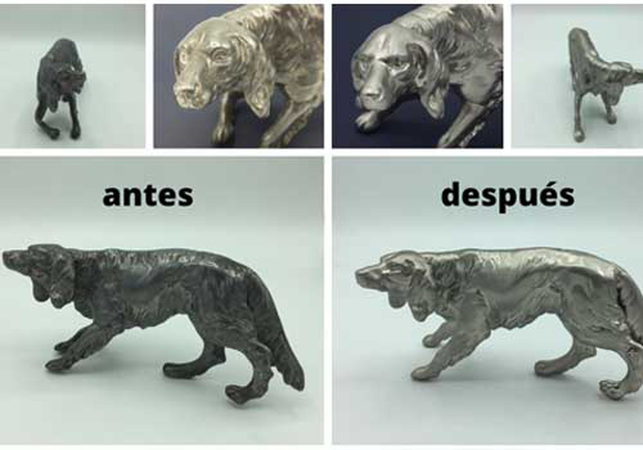 Restauración de una estatuita de un perro, fotos del antes y el después