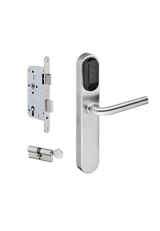 Conjunto cerradura electrónica+bombillo+maneta placa larga para control accesos Jnf IN.27.100.E