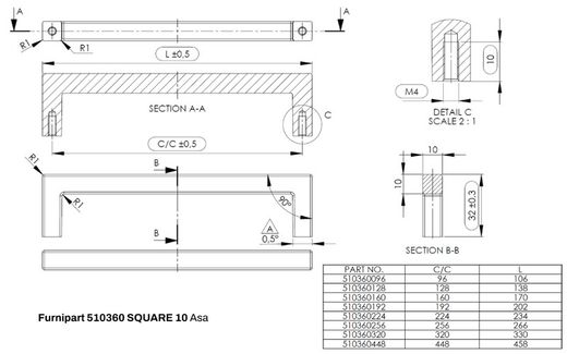 Poignée carrée 10 510360 Furnipart A0840